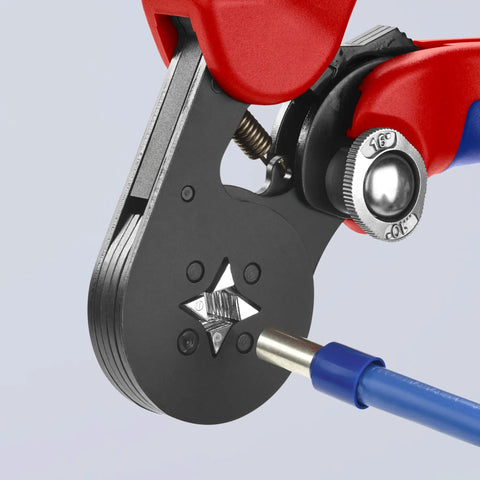 Close-up of Self Adjusting Crimping Pliers For Ferrules And End Sleeves DIN 46228 Compliant, gripping electrical wire