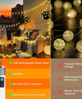Rechargeable Camping String Lights 33Ft 100 LED Globe Bulbs Warm White With Timer illuminating a cozy patio setup at dusk.