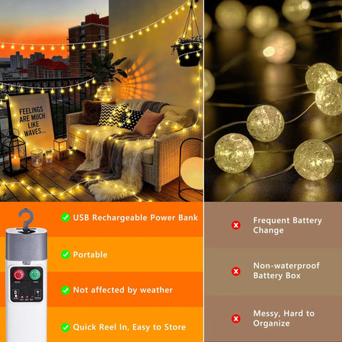 Rechargeable Camping String Lights 33Ft 100 LED Globe Bulbs Warm White With Timer illuminating a cozy patio setup at dusk.