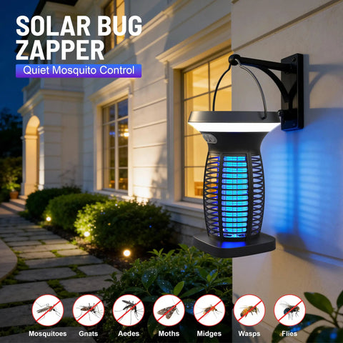 Outdoor Bug Zapper Solar Powered USB Rechargeable 4200V High Voltage Mosquito And Insect Killer UV Light Trap on house wall