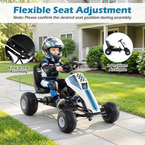 Child riding Kids Pedal Go Kart With Adjustable Seat Handbrake Free Wheel And Pedal Modes Four Wheel Ride On Toy Car