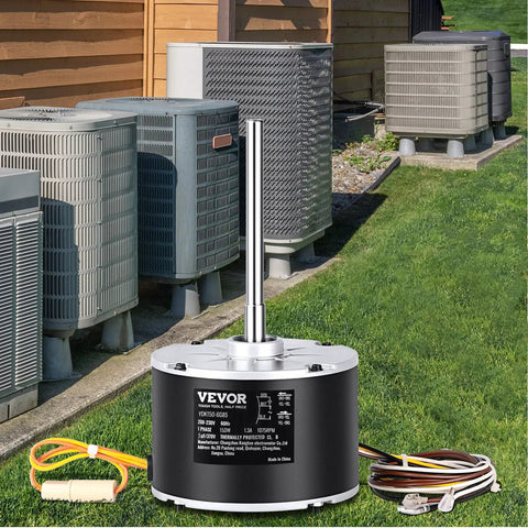 Condenser Fan Motor One Fifth Horsepower 1075 RPM With Overheat Protection 208 To 230 Volt Reversible CW CCW Includes Capacitor Replacement For GE Genteq Carrier Bryant Payne Dayton K55HXJKL2918 51 23055 11 shown in outdoor air conditioning unit setting.