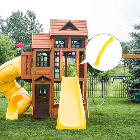 Kids Outdoor Playground Accessories Swingset Attachments With Pirate Ship Wheel Toy Telescope Telephone And Safety Handles In Yellow And Green Built To Last Durable Playset Add Ons, yellow safety handle on wooden playset with slide.