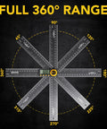 Kickass Aluminum Digital Angle Finder And Multipurpose Protractor Gauge With Rock Solid Build And No Fuss Four Switch Layout Featuring Bright Xl Screen showing full 360 degree range.