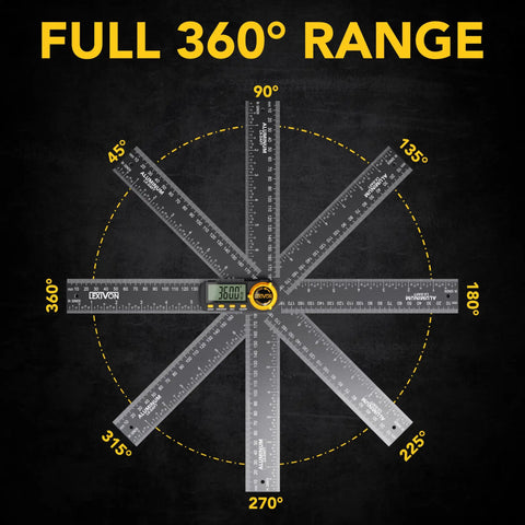Kickass Aluminum Digital Angle Finder And Multipurpose Protractor Gauge With Rock Solid Build And No Fuss Four Switch Layout Featuring Bright Xl Screen showing full 360 degree range.