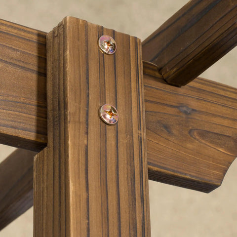 Close-up of Carbonized Wood Garden Arbor for Outdoor Weddings showing solid fir wood frame with metal bolts
