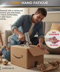 Person using RapidEdge Cordless Electric Scissors With Brushless Motor Cutting At 350rpm to cut open a cardboard box.