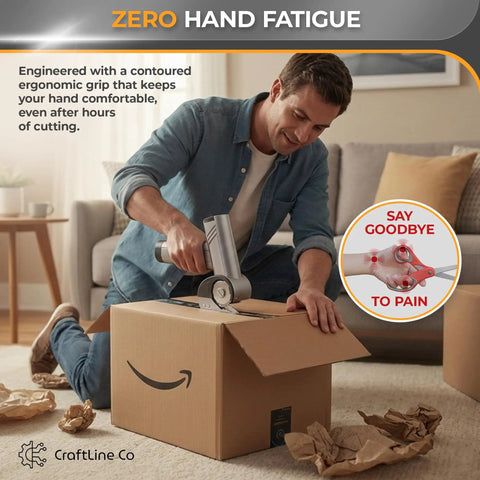 Person using RapidEdge Cordless Electric Scissors With Brushless Motor Cutting At 350rpm to cut open a cardboard box.