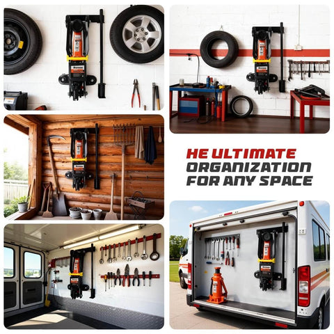 Wall Mount Jack Stand Organizer Rack For Heavy Duty Hydraulic Trolley Jacks Garage Wall Mounted Tool Holder Brackets For Racing Cars Trailers Trucks And Maintenance Space Saving Storage Solution in various workshop setups