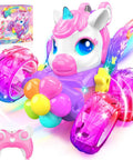 Glowing Crystal Wing Unicorn RC Car For Girls Pink Remote Control Stunt Car With 360 Degree Rotation Eye Lights Rainbow Petal Design