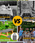 Comparison of a dirty picnic table and tables with a waterproof fitted picnic table cover set for six foot tables with elastic edges.