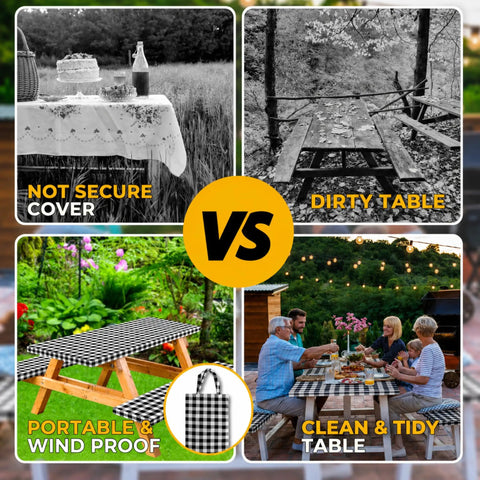 Comparison of a dirty picnic table and tables with a waterproof fitted picnic table cover set for six foot tables with elastic edges.