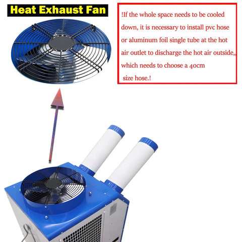 Heavy Duty Commercial Industrial Air Conditioner Portable Spot Cooler Unit top view with heat exhaust fan and duct outlets.