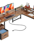 Dope 63 Inch L Shaped Desk With Built In Power Outlets And USB C Port For Home Office with monitors and storage setup.