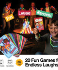 Ultimate Campfire Fun Kit With Color Changing Flame Packs Glow Sticks And Fire Starters Includes 20 Game Cards displayed