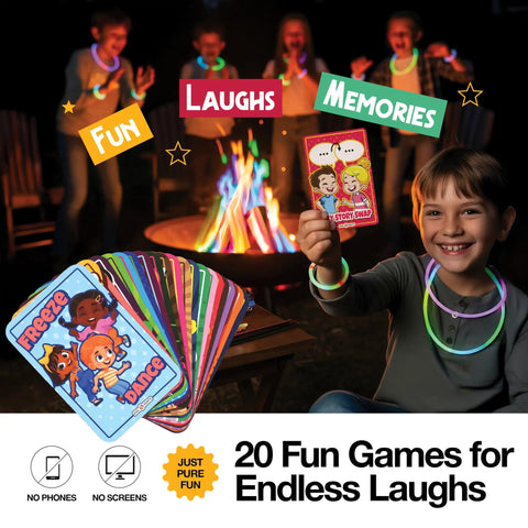 Ultimate Campfire Fun Kit With Color Changing Flame Packs Glow Sticks And Fire Starters Includes 20 Game Cards displayed
