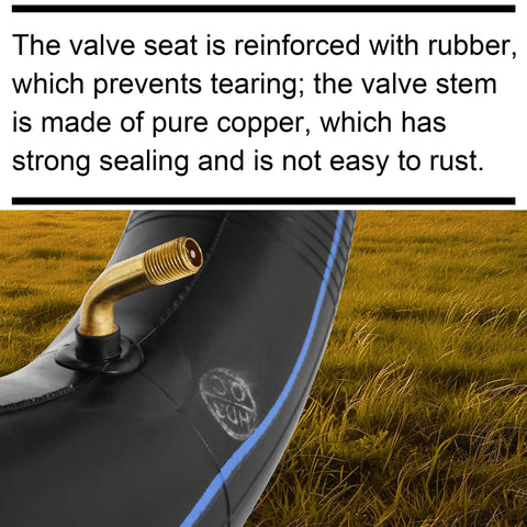 Close-up of TR-87 angled copper valve on inner tube for two pack durable inner tube for eight inch wheels in 3.25 and 3.00 width