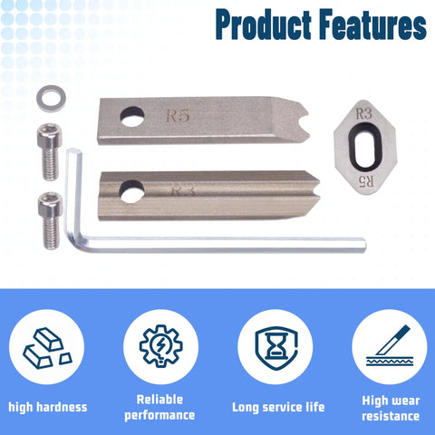 R3 And R5 Corner Rounder Blade Set with two blades, bottom blade, screws, and wrench for manual cutter machine