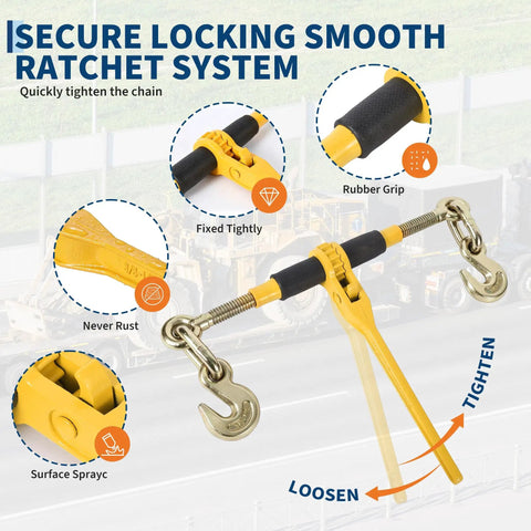 Heavy Duty 2 Pack Ratchet Load Binder Set With Grade 80 Chain And Grab Hooks 9200 Lbs Capacity showing ratchet system with rubber grip.