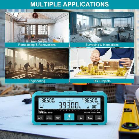 Dual Laser Distance Meter With Bidirectional Laser Emission And Vertical Laser Line Electronic Level Measures In Meters Feet And Inches 393 Feet Range Finder For DIYers Contractors And Pros on worktable
