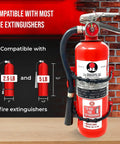 Beefy Rugged Heavy Duty Fire Extinguisher Mounting Bracket For 2.5 Lb And 5 Lb Extinguishers next to size chart on brick wall.
