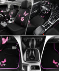 Universal Cloth Butterfly Car Seat Covers Full Set With Waterproof Floor Mats And Steering Wheel Cover Dope Flower Embroidered Design Black And Pink Interior Accessories Kit three-angle view