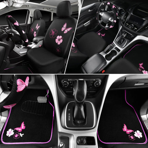 Universal Cloth Butterfly Car Seat Covers Full Set With Waterproof Floor Mats And Steering Wheel Cover Dope Flower Embroidered Design Black And Pink Interior Accessories Kit three-angle view