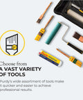 Paint brushes, roller, and tools on display for Three Piece XL Paint Brush Set With One Inch Dale One And A Half Inch Glide And Two Inch Sprig.