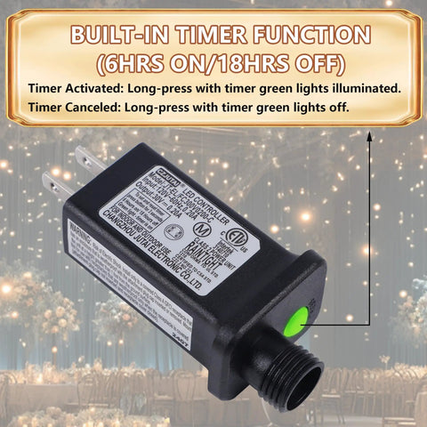 Timer of Patriotic 200 LED 66Ft Fairy String Lights with automatic 6hrs on and 18hrs off feature against decorative lights