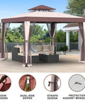 10x10 Outdoor Canopy Tent With UV Resistant Waterproof Top 2 Tier Vent Sturdy Patio Shelter With Removable Netting in beige and white.