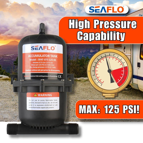 Accumulator Tank With Internal Bladder And Flow Control For Marine, RV, And Off-Grid Water Systems - 125 PSI, 0.75 L capacity