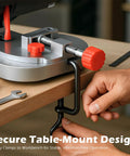 "Miter Saw Benchtop Power Table Saw For DIY Projects A Handy Portable Wood And Metal Cutter With 0 To 45 Degree Tilt And Half Inch Cutting Depth Smooth Chop Saw For Crafts Models And Miniatures clamped to a workbench."