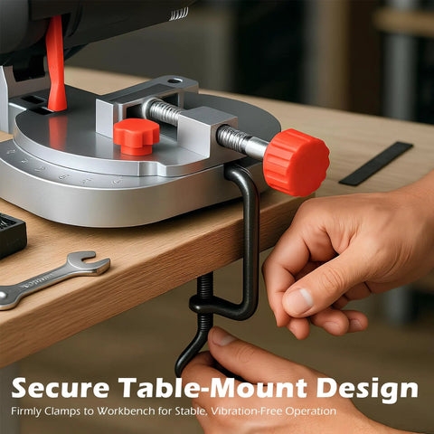 "Miter Saw Benchtop Power Table Saw For DIY Projects A Handy Portable Wood And Metal Cutter With 0 To 45 Degree Tilt And Half Inch Cutting Depth Smooth Chop Saw For Crafts Models And Miniatures clamped to a workbench."