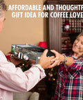 Couple exchanging a coffee gift box labeled as affordable and thoughtful for coffee lovers.