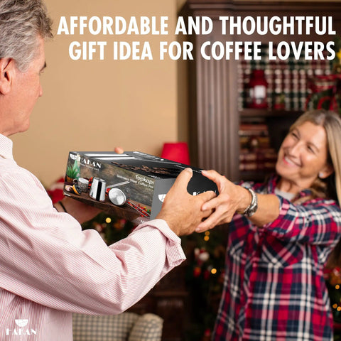 Couple exchanging a coffee gift box labeled as affordable and thoughtful for coffee lovers.