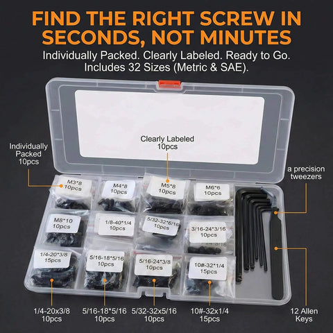 360 Piece Screws Set With 32 Sizes Metric And SAE 12.9 Alloy Steel Hex Socket Grub Screws And Allen Keys For Door Handles Bathroom Fixtures Knobs And Machinery Pro Grade Heavy Duty Kit