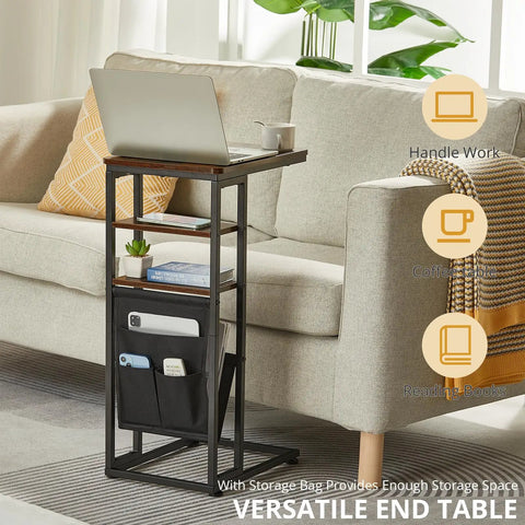 C Shaped End Table With Three Tiers And Storage Bag Easily Slides Under Sofa Or Bed Space Saving Couch Table For Living Room Bedroom Or Office Sturdy Shelves And Bag For Quick Access And Easy Organization