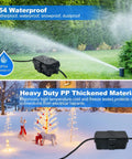 Weatherproof Outdoor Electrical Box IP54 No-Fuss Tough Box with dual cable ports in use with holiday lights and garden sprinkler.