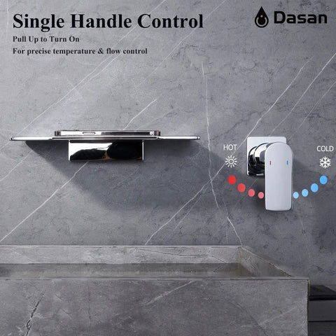 Wall Mount Bathroom Faucet With Waterfall Spout In Wall Design Single Handle Polished Chrome Sink Faucet 11 Inch Wide Spout