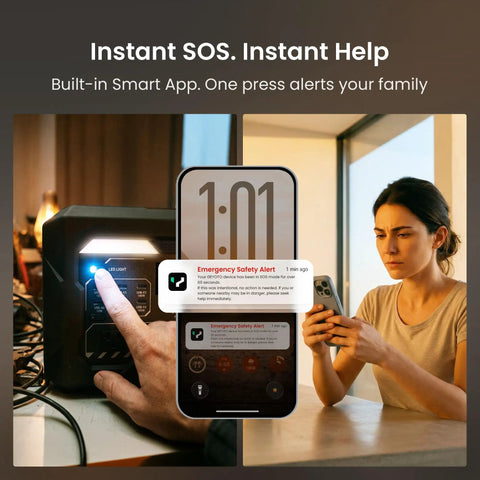N1000 Portable Power Station 1024Wh 1800W Fast Charge to 80 Percent in 43 Minutes, 3000W P Boost, Solar Generator with UPS, App Control, LiFePO4 Battery for Home Backup, Off Grid Camping and RV Use, emergency safety alert and smart app control displayed on phone screen with a woman receiving alert notification.