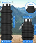 Collapsible 16oz Silicone Water Bottle With Carabiner For Gym Travel Camping Hiking Sports Lightweight BPA Free Leak Proof Foldable Design Light Pink TSA Friendly Travel Ready shown in black with dimensions, two sizes visible