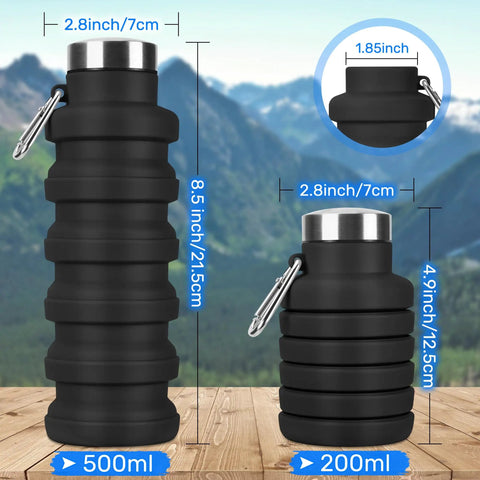 Collapsible 16oz Silicone Water Bottle With Carabiner For Gym Travel Camping Hiking Sports Lightweight BPA Free Leak Proof Foldable Design Light Pink TSA Friendly Travel Ready shown in black with dimensions, two sizes visible