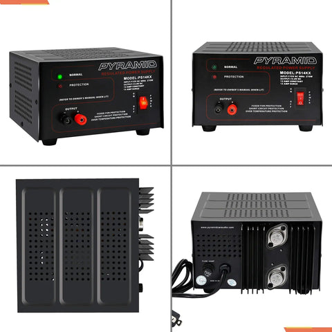 Beefy 12 Amp Benchtop Power Supply 12V DC Linear Regulated Converter 270W with screw terminals and cooling fan, front and side view