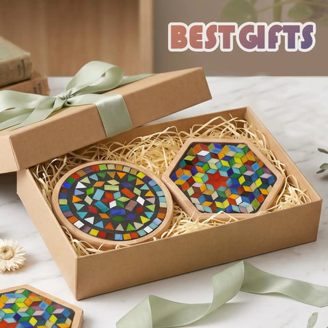 Ultimate Mosaic DIY Kit for Adults featuring colorful stained glass coasters in gift box with ribbon, beginner craft set.