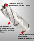 Annular cutter with multi-cut teeth and 3/4-inch Weldon shank for magnetic drill presses