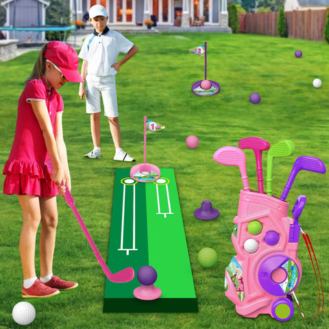 Toddler Golf Set With Putting Mat For Ages 3 To 5 4 Clubs 8 Balls 2 Practice Holes Indoor Outdoor Play Kid Friendly Portable Carry Strap And Storage Bag 20 Piece shown on lawn with children playing