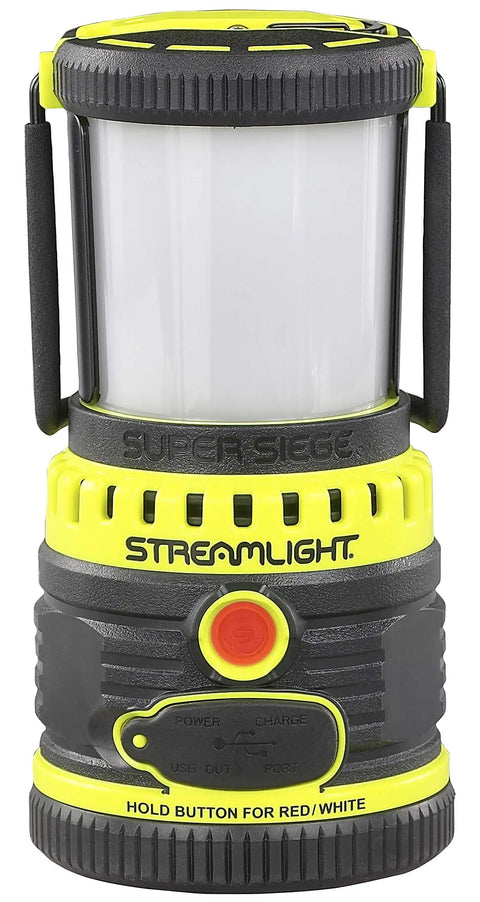 1100 Lumen Rechargeable Outdoor Hand Lantern Flashlight With 120V AC Charger And Portable USB Power Bank in yellow with elastomer overmold