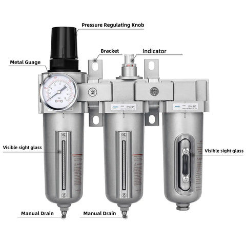 Heavy Duty Industrial Grade Three Stage Air Drying System One Half Inch NPT With Particulate Filter Coalescing Filter Desiccant Dryer And Air Regulator Metal Bowl Manual Drain Built To Last For Paint Spray And Plasma Cutter front view