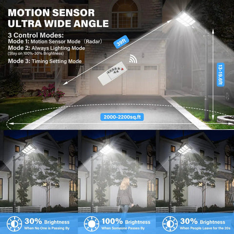 600W Solar Street Light With Motion Sensor Dusk To Dawn 6500K illuminating a driveway, showcasing motion sensor modes and wide coverage.