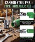 Heavy Duty Water Pipe Wrench Dual Function Threading Tool For 1/2 And 3/4 Inch Non Metallic Pipes shown with tools and PVC fittings.